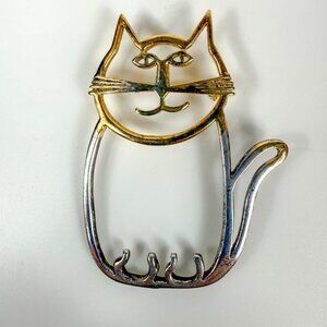 Navajo Belinda Woody Sterling Silver Cat Brooch 925 Gold Accents